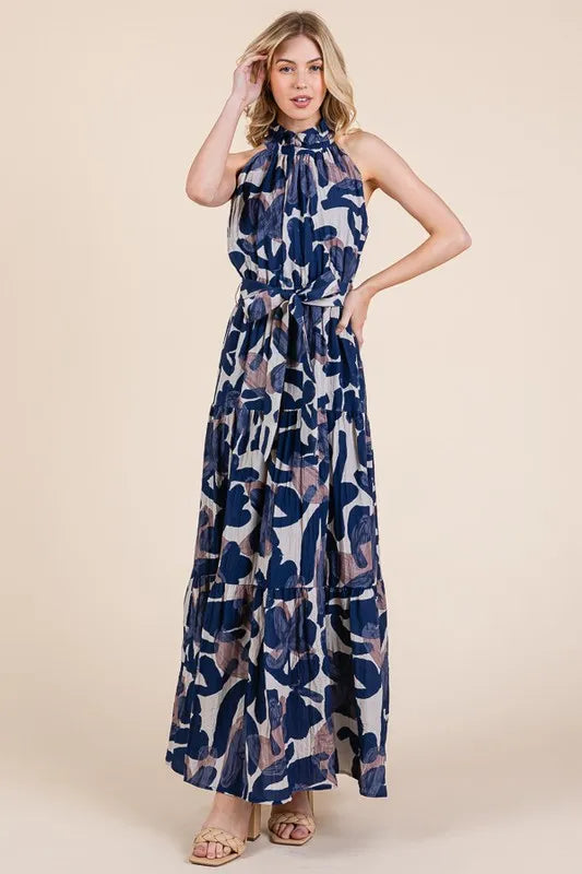 Lime 'N' Chili Abstract Halter Neck Tie-Waist Tiered Maxi Dress 67aa1b8c6912493ea3fca710b9a1b66e-Max-Origin