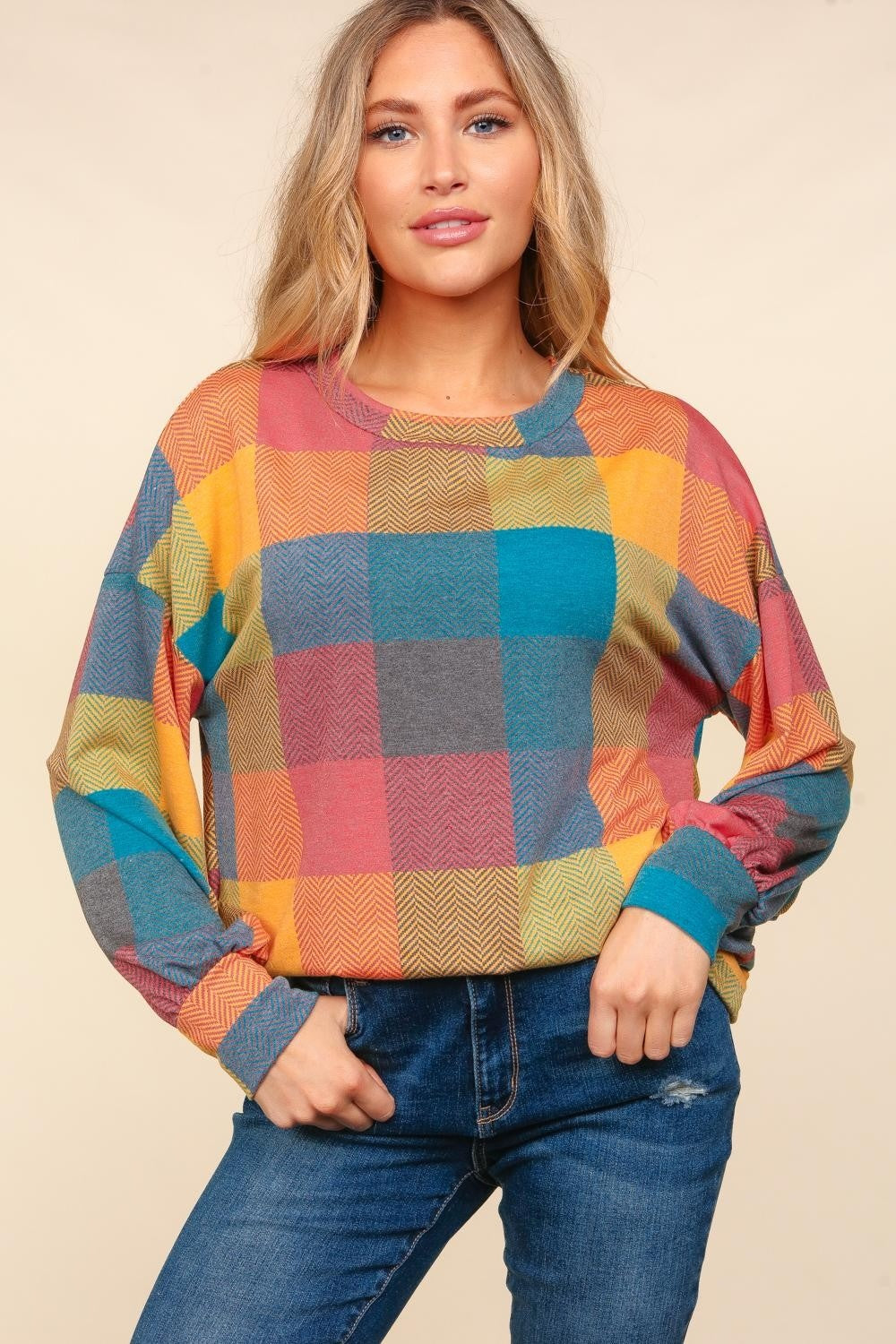 Haptics Round Neck Color Block Plaid Top Haptics Round Neck Color Block Plaid Top - TopFashionHQ