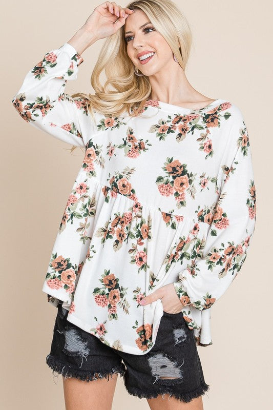 Super Lady Full Size Babydoll Floral Boat Neck Long Sleeve Blouse Super Lady Full Size Babydoll Floral Boat Neck Long Sleeve Blouse