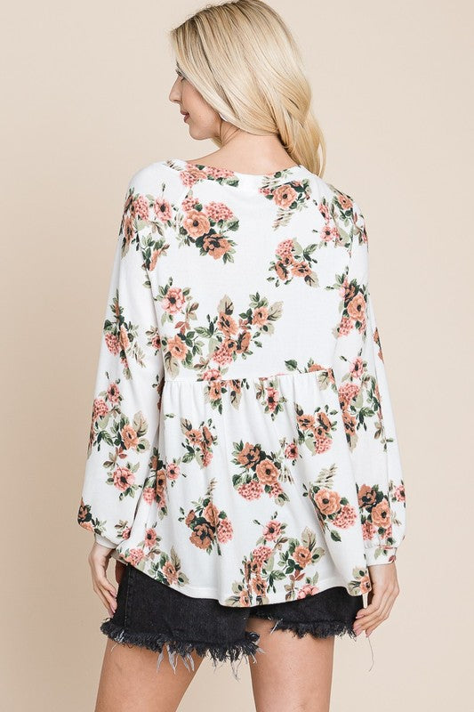 Super Lady Full Size Babydoll Floral Boat Neck Long Sleeve Blouse Super Lady Full Size Babydoll Floral Boat Neck Long Sleeve Blouse