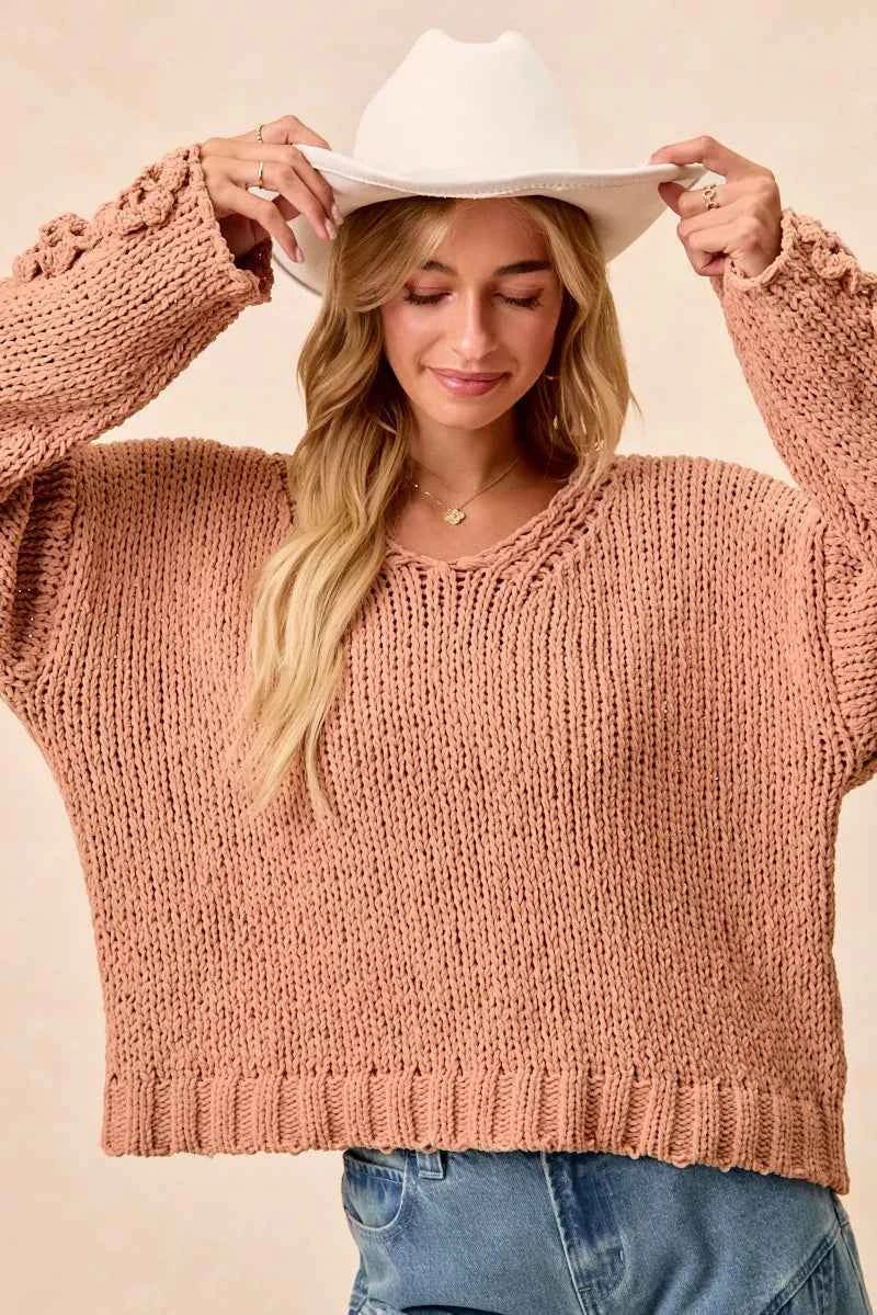 BiBi Chunky Knit Sweater with Flower Detail Sleeves BiBi Chunky Knit Sweater with Flower Detail Sleeves