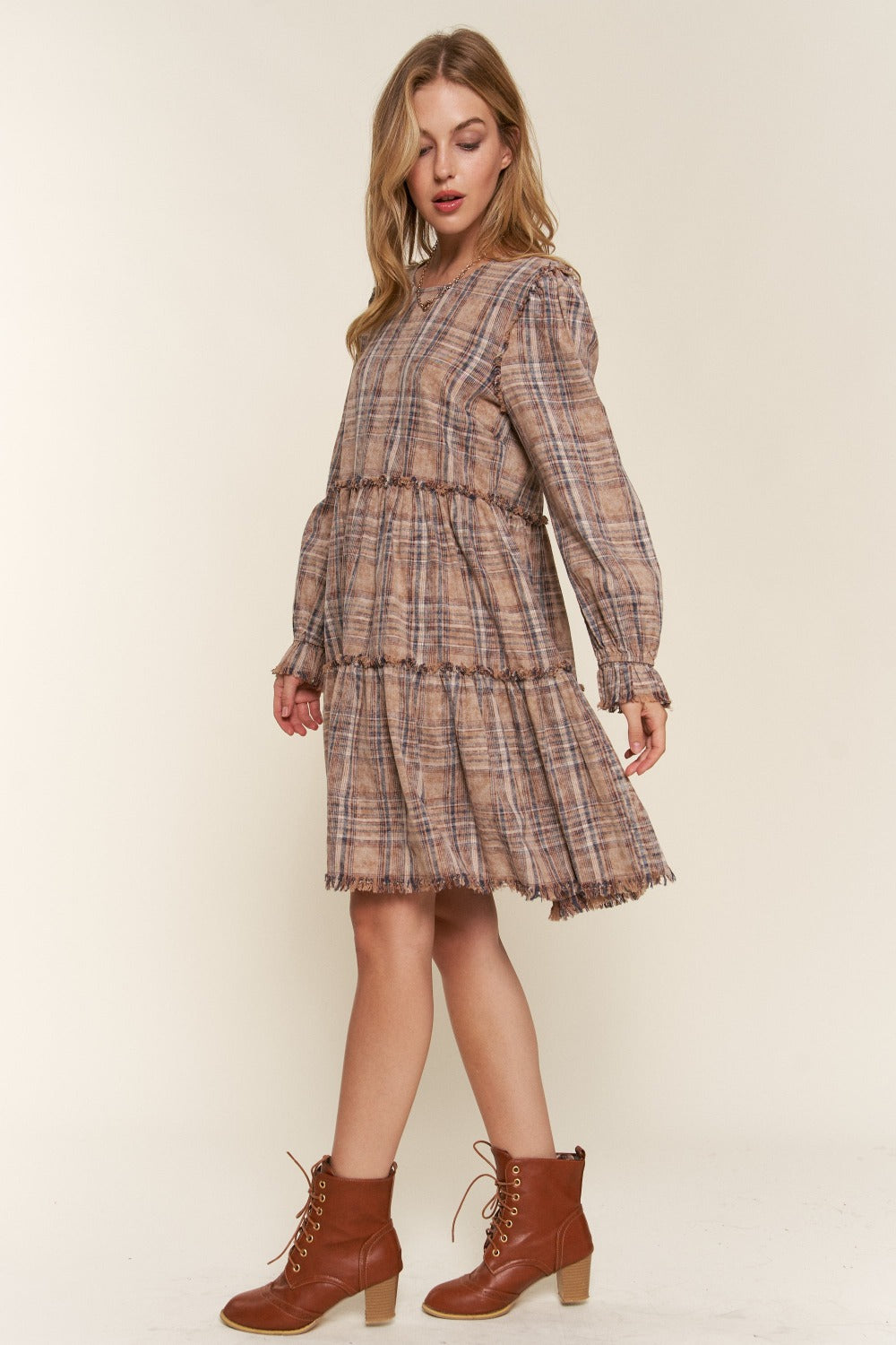 And The Why Full Size Washed Frayed Tiered Plaid Dress And The Why Full Size Washed Frayed Tiered Plaid Dress - TopFashionHQ