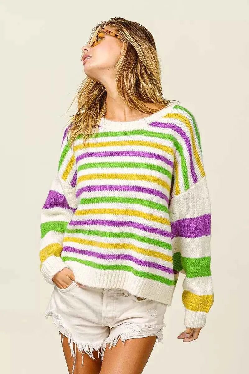 BiBi Mardi Gras Colors Stripe Comfy Sweater BiBi Mardi Gras Colors Stripe Comfy Sweater