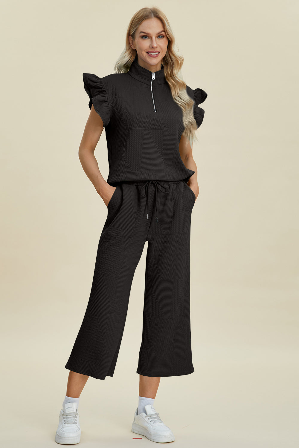 Double Take Full Size Texture Ruffle Short Sleeve Top and Wide Leg Pants Set Double Take Full Size Texture Ruffle Short Sleeve Top and Wide Leg Pants Set