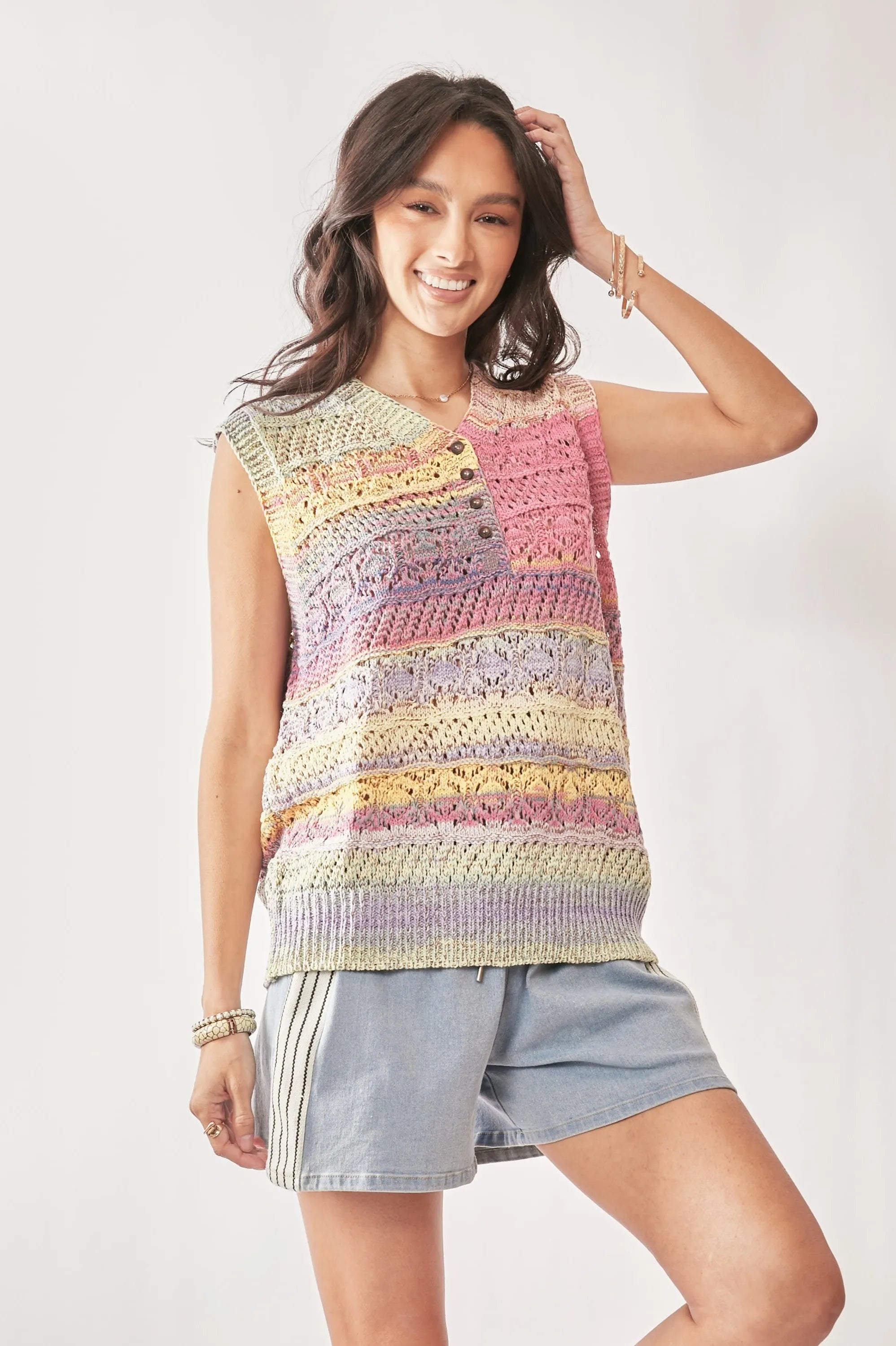 Davi & Dani Multi Color Crochet Sleeveless Knit Vest Top 68e603369e7542649abd349ab1c8ac31-Max-Origin