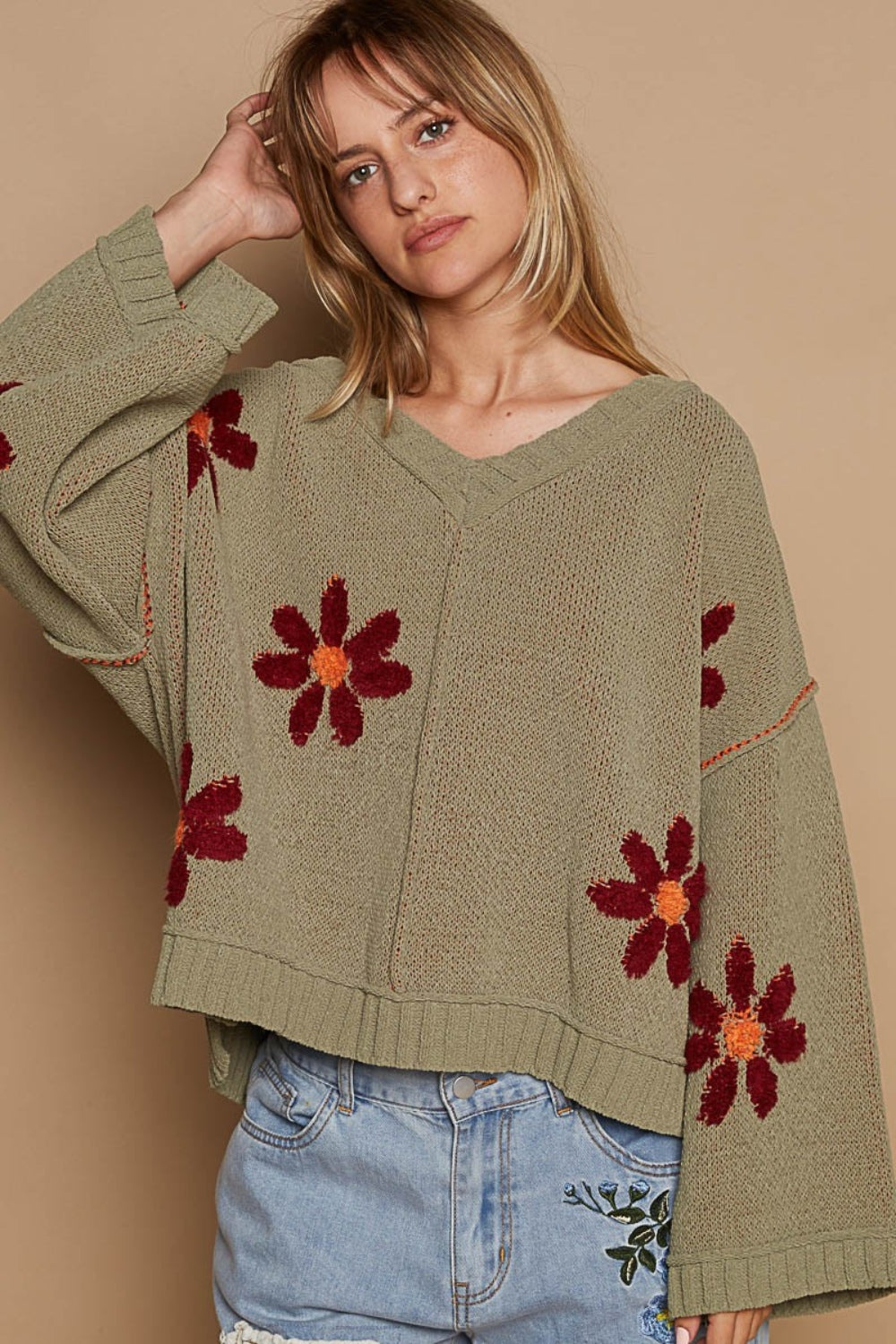 POL V-Neck Floral Pattern Chenille Sweater POL V-Neck Floral Pattern Chenille Sweater - TopFashionHQ
