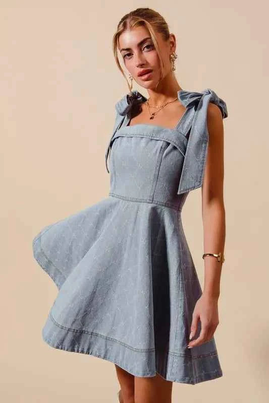 SO ME A Line Fit and Flare Diamond Bow Ribbon Denim Dres SO ME A Line Fit and Flare Diamond Bow Ribbon Denim Dres