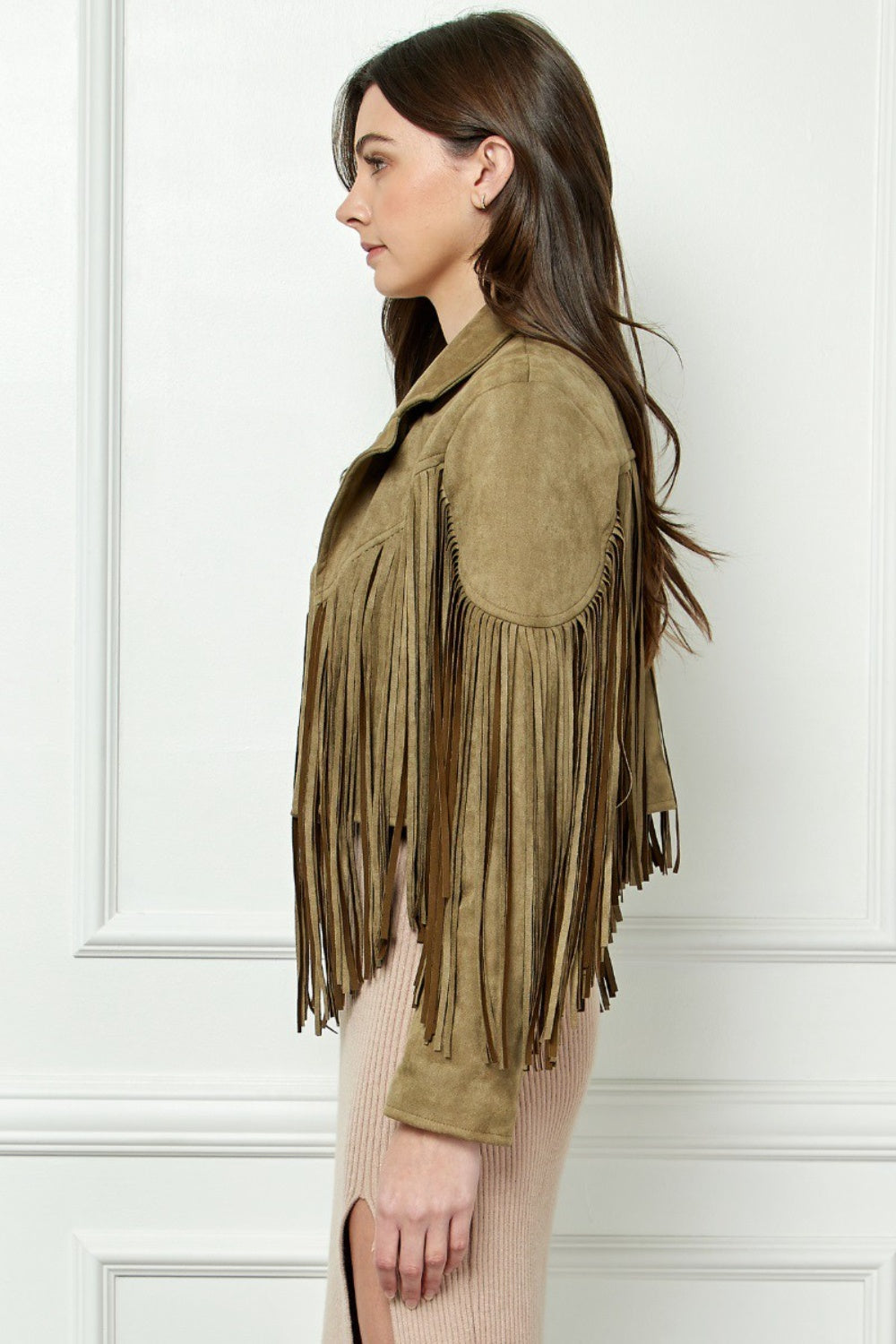 Veveret Suede Fringe Long Sleeve Moto Jacket Veveret Suede Fringe Long Sleeve Moto Jacket - TopFashionHQ