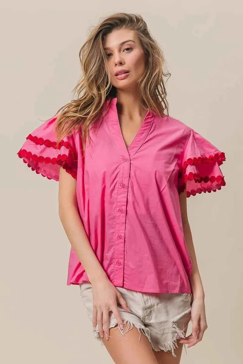 BiBi Dot Trim Flutter Sleeve Notched Top BiBi Dot Trim Flutter Sleeve Notched Top