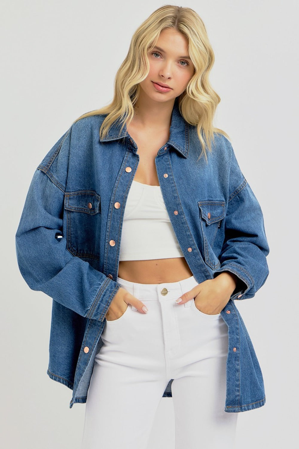 RISEN Full Size Snap Down Long Sleeve Denim Shacket RISEN Full Size Snap Down Long Sleeve Denim Shacket