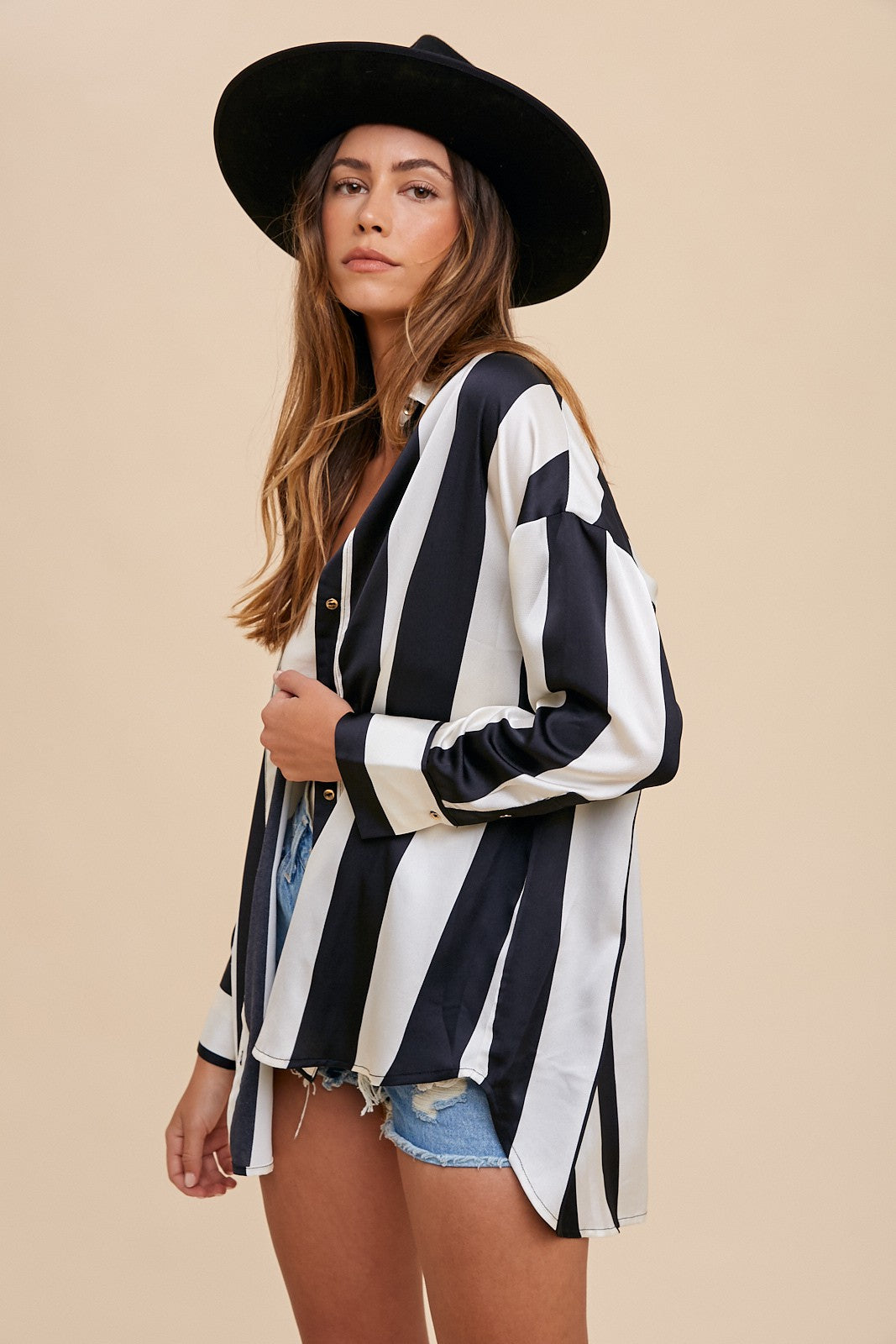 Annie Wear Striped Dropped Shoulder Button Up Shirt Annie Wear Striped Dropped Shoulder Button Up Shirt