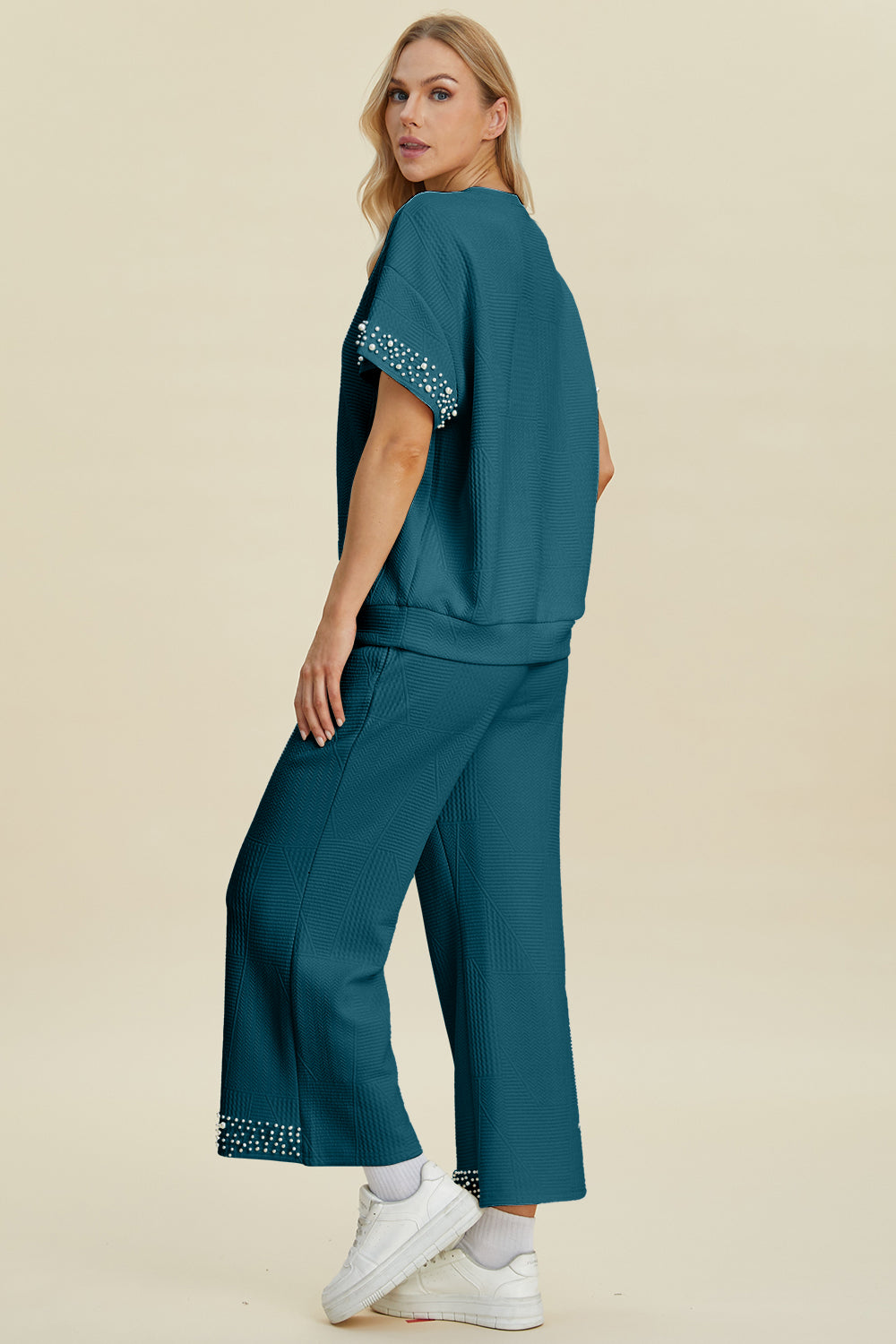 Double Take Full Size Pearl Detail Round Neck Top and Pants Set Double Take Full Size Pearl Detail Round Neck Top and Pants Set