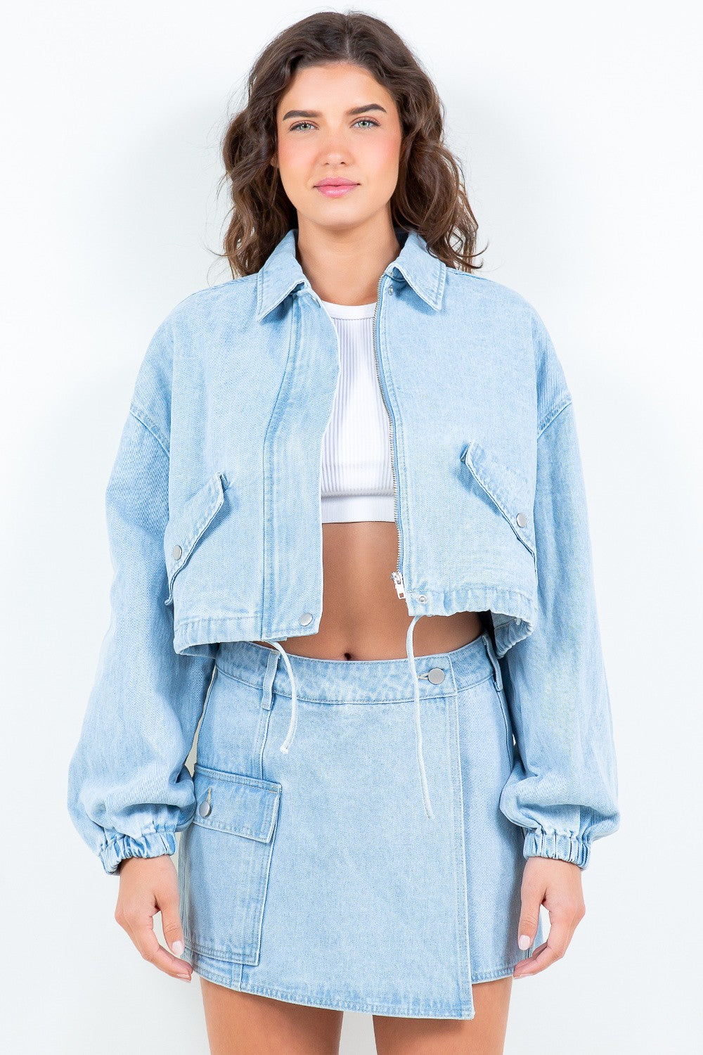 American Bazi Drawstring Waist Crop Denim Jacket American Bazi Drawstring Waist Crop Denim Jacket