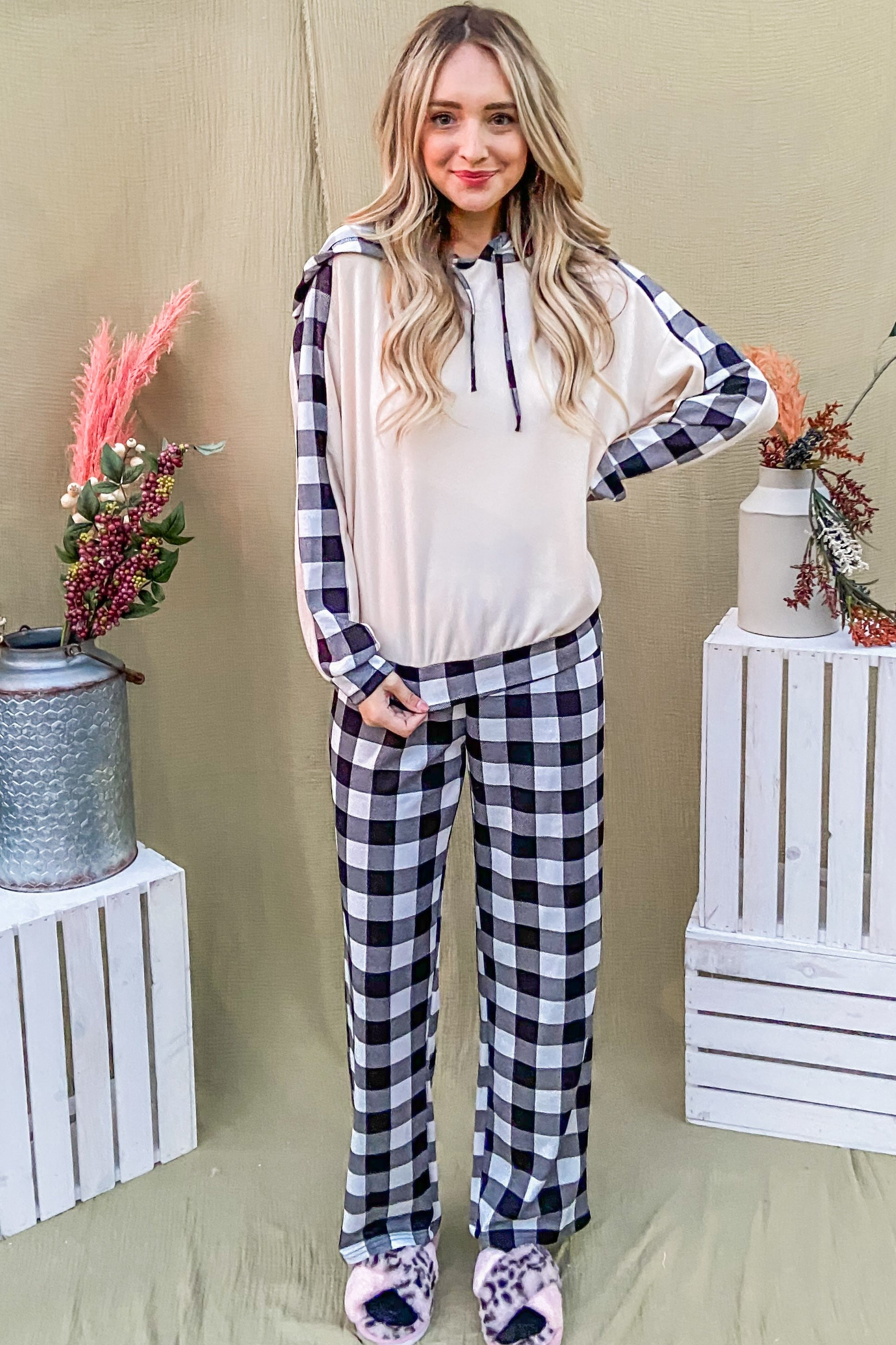 And The Why Drawstring Hooded Top and Plaid Pants Lounge Set And The Why Drawstring Hooded Top and Plaid Pants Lounge Set