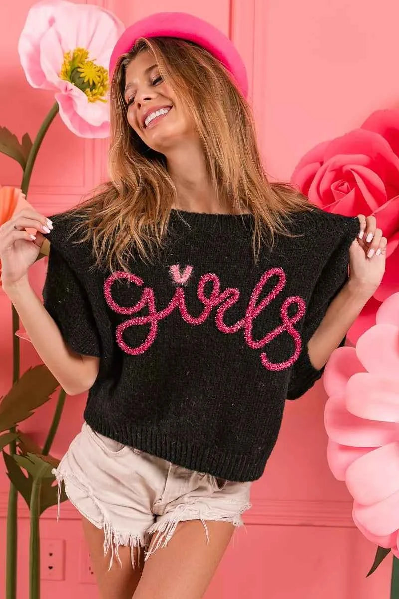 BiBi Metallic Letter Short Puff Sleeve Hairy Sweater BiBi Metallic Letter Short Puff Sleeve Hairy Sweater