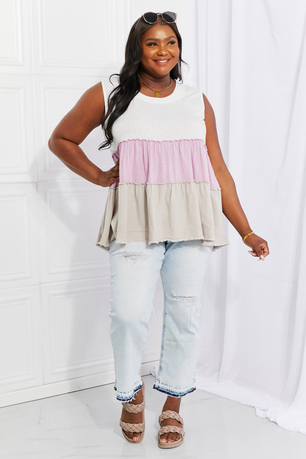 White Birch Full Size Watching the Sunset Color Block Babydoll Top White Birch Full Size Watching the Sunset Color Block Babydoll Top - TopFashionHQ