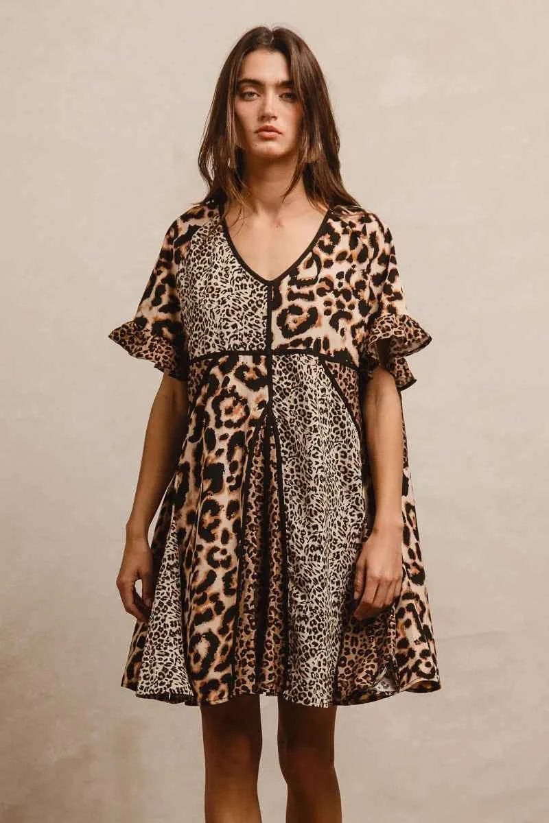 BiBi Leopard Prints Mix and Match Short Sleeves Dress BiBi Leopard Prints Mix and Match Short Sleeves Dress