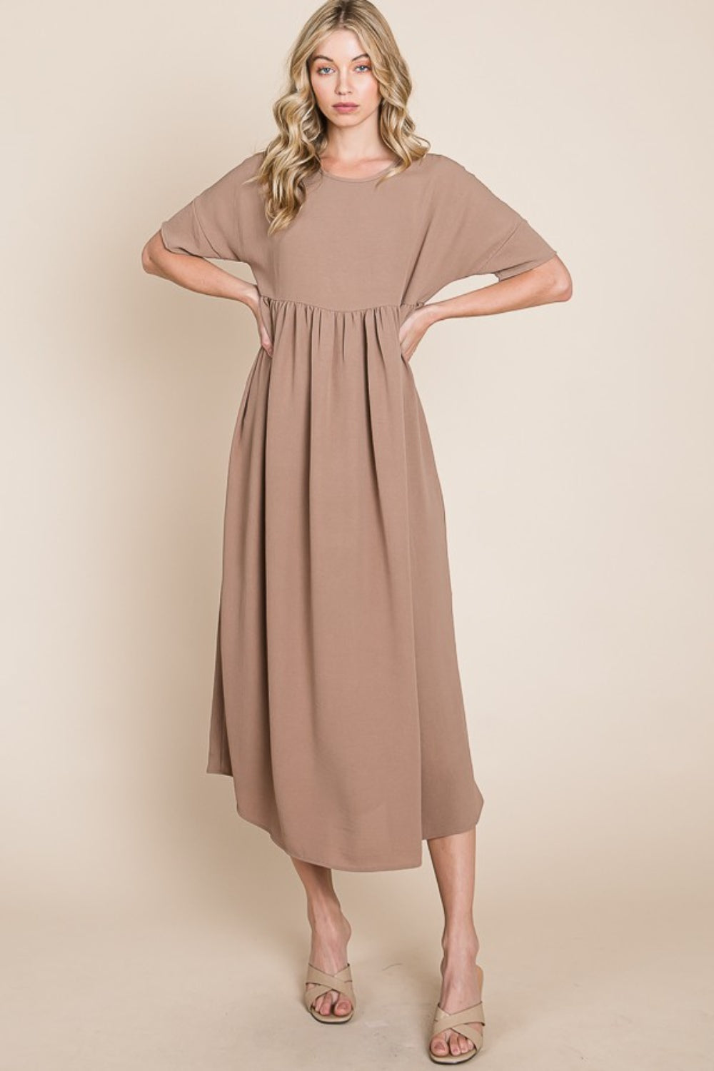 BOMBOM Round Neck Ruched Midi Dress BOMBOM Round Neck Ruched Midi Dress - TopFashionHQ