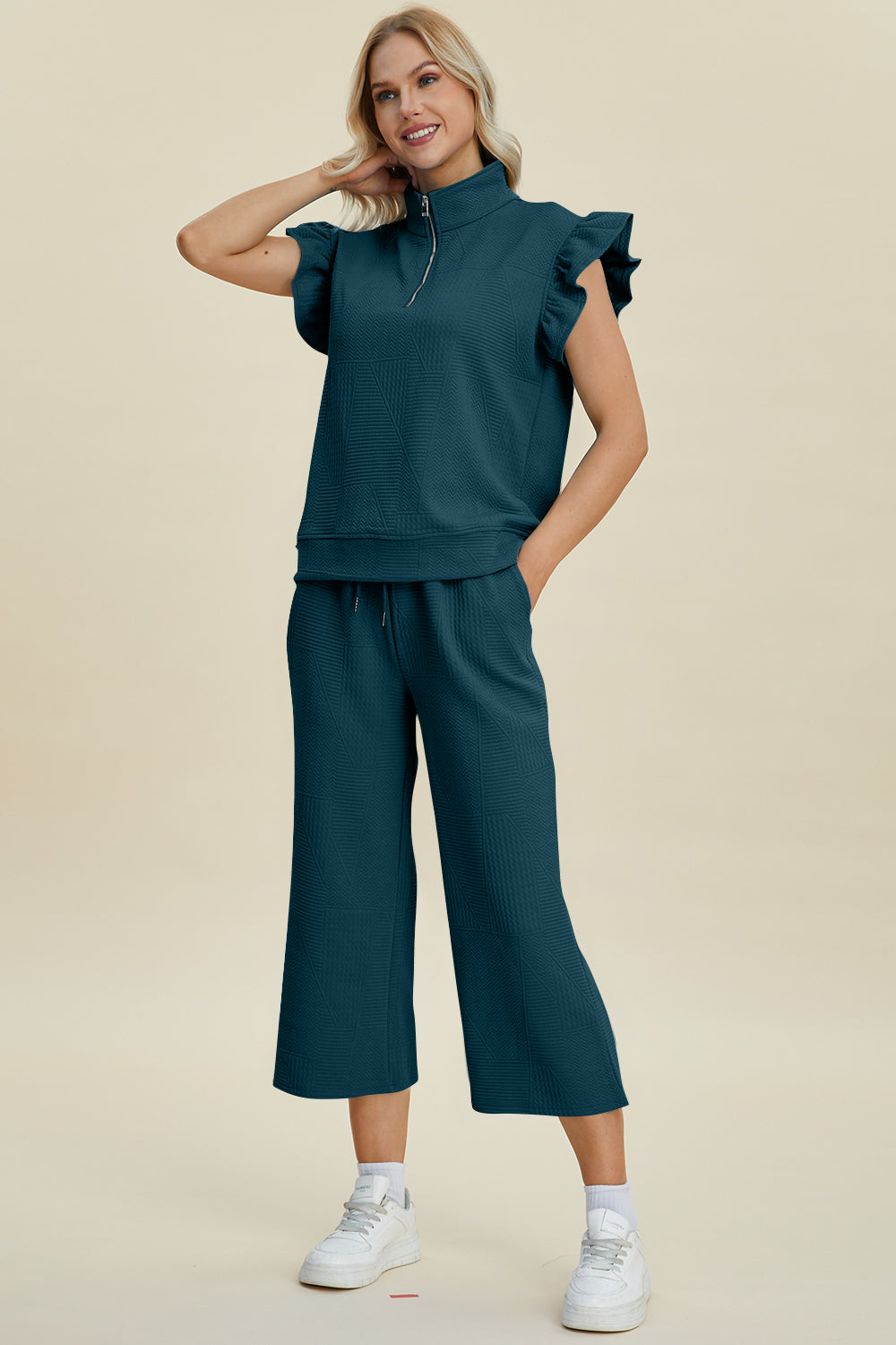 Double Take Full Size Texture Ruffle Short Sleeve Top and Wide Leg Pants Set Double Take Full Size Texture Ruffle Short Sleeve Top and Wide Leg Pants Set