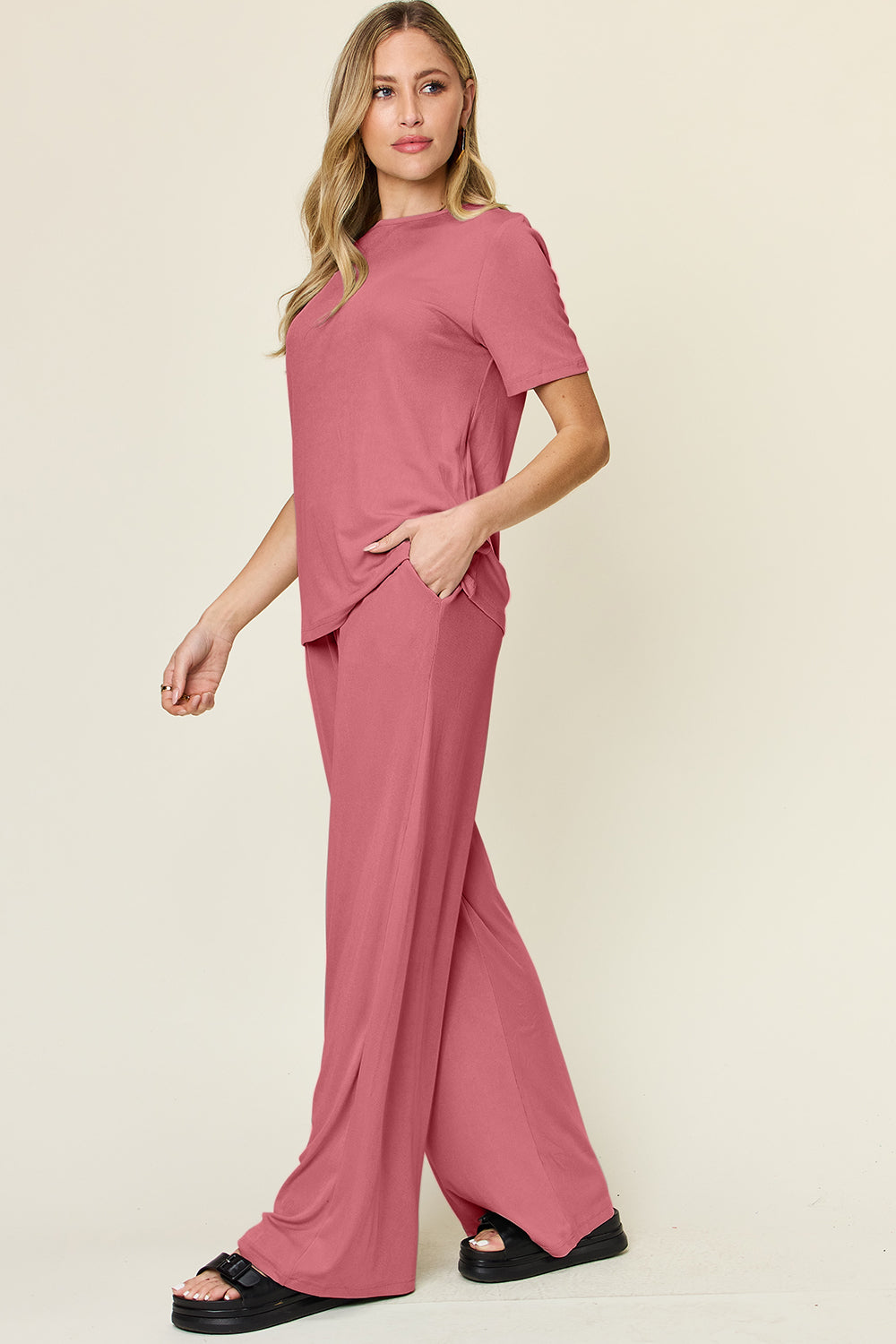 Double Take Full Size Round Neck Short Sleeve T-Shirt and Wide Leg Pants Set Double Take Full Size Round Neck Short Sleeve T-Shirt and Wide Leg Pants Set