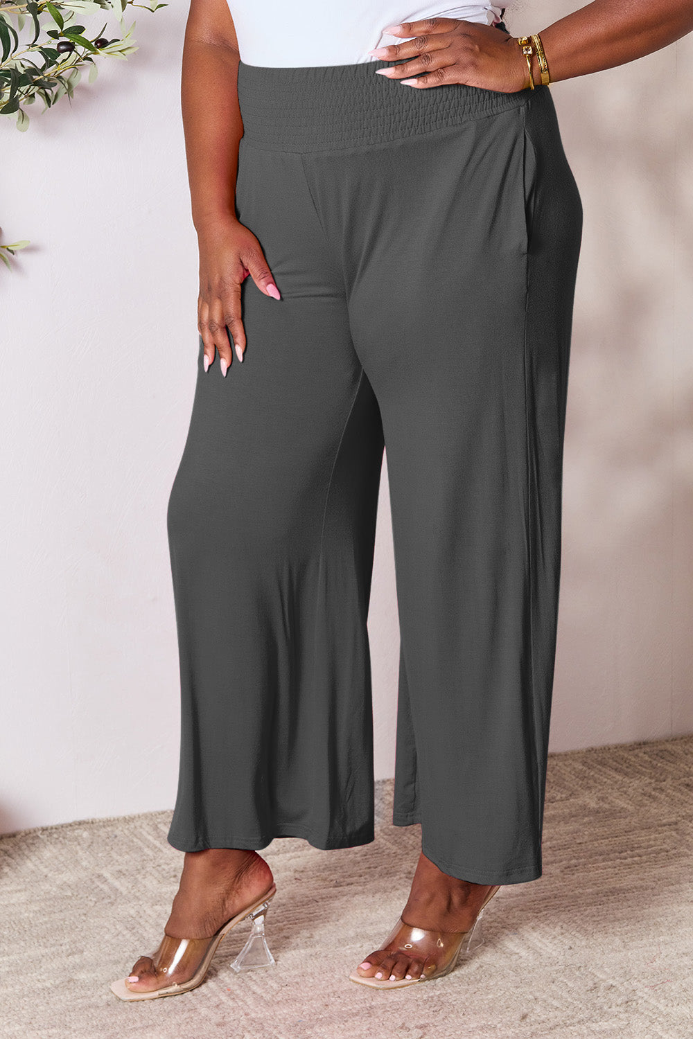 Double Take Full Size Smocked Wide Waistband Wide Leg Pants Double Take Full Size Smocked Wide Waistband Wide Leg Pants - TopFashionHQ