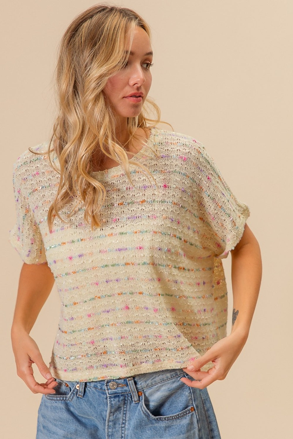 BiBi Striped Popcorn Knit Top BiBi Striped Popcorn Knit Top - TopFashionHQ