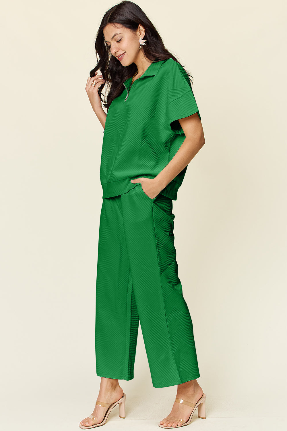 Double Take Full Size Texture Half Zip Short Sleeve Top and Pants Set Double Take Full Size Texture Half Zip Short Sleeve Top and Pants Set