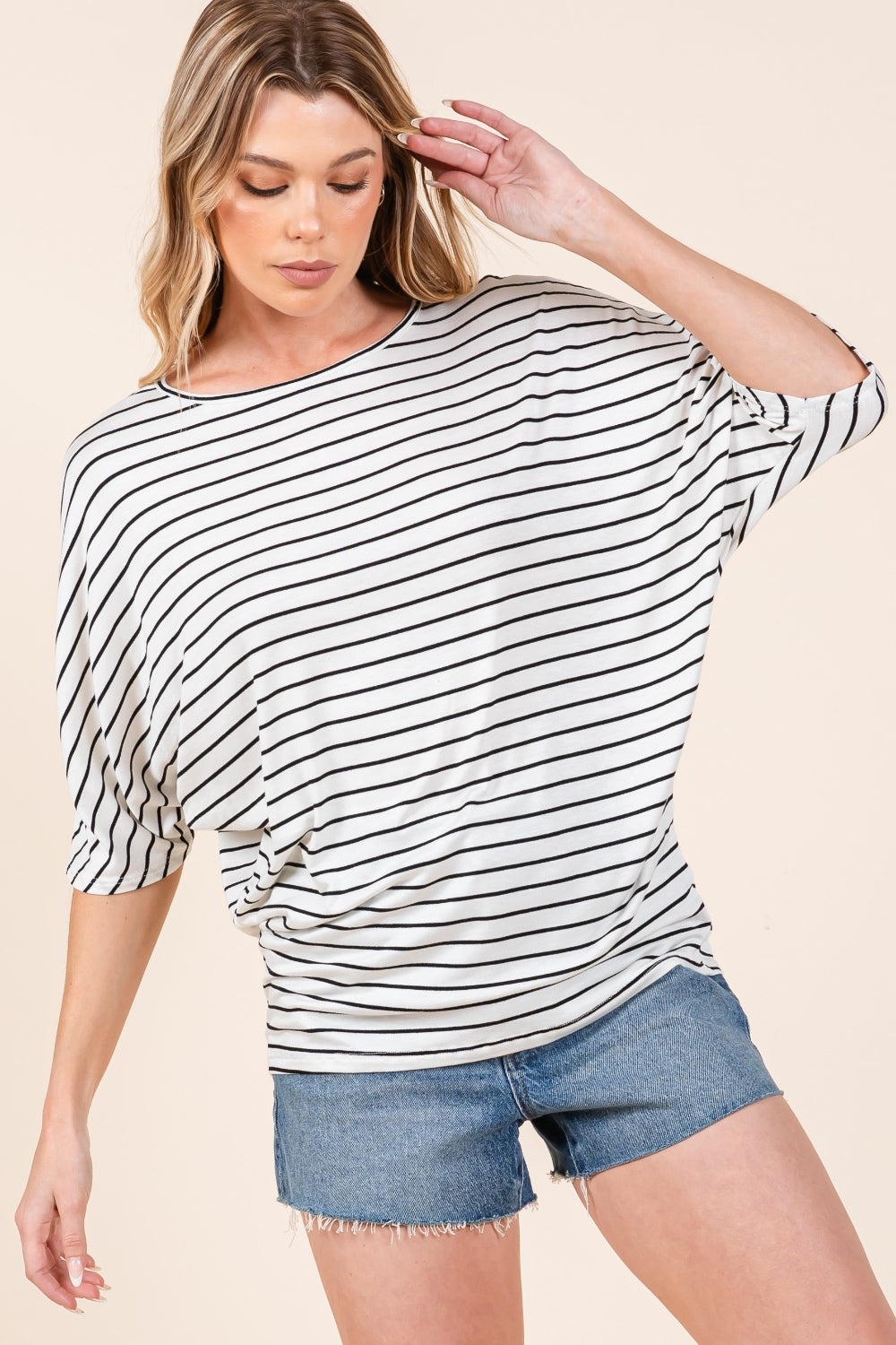 BOMBOM Striped Boat Neck Dolman Sleeve Top BOMBOM Striped Boat Neck Dolman Sleeve Top - TopFashionHQ