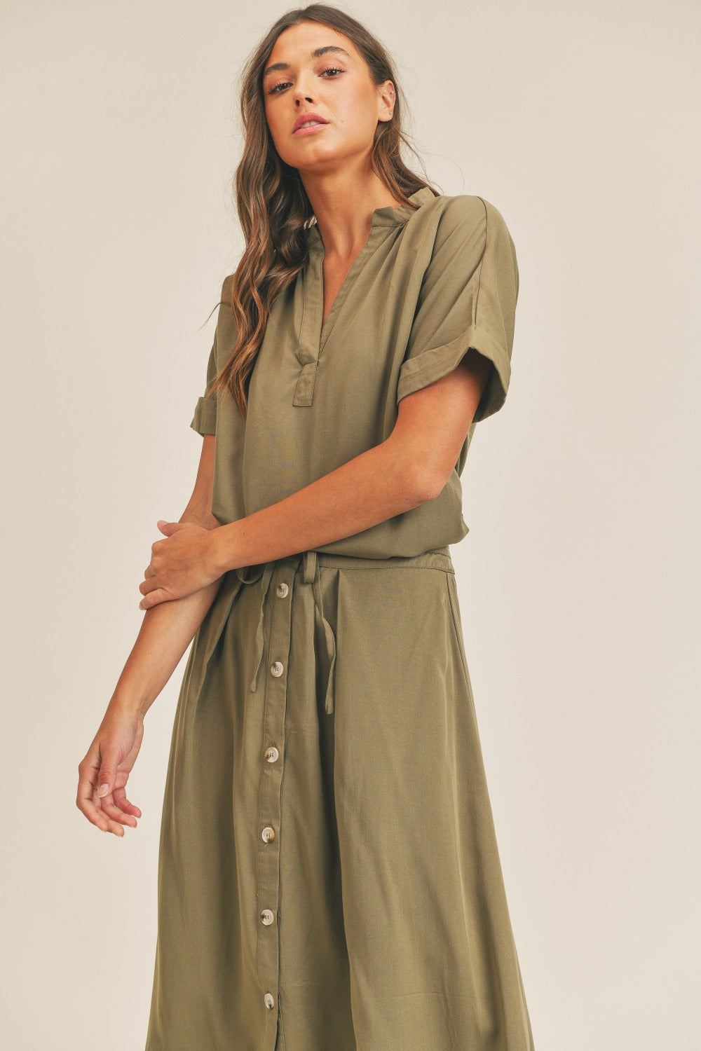 MABLE Short Sleeve Top and Button Down Midi Skirt Set MABLE Short Sleeve Top and Button Down Midi Skirt Set
