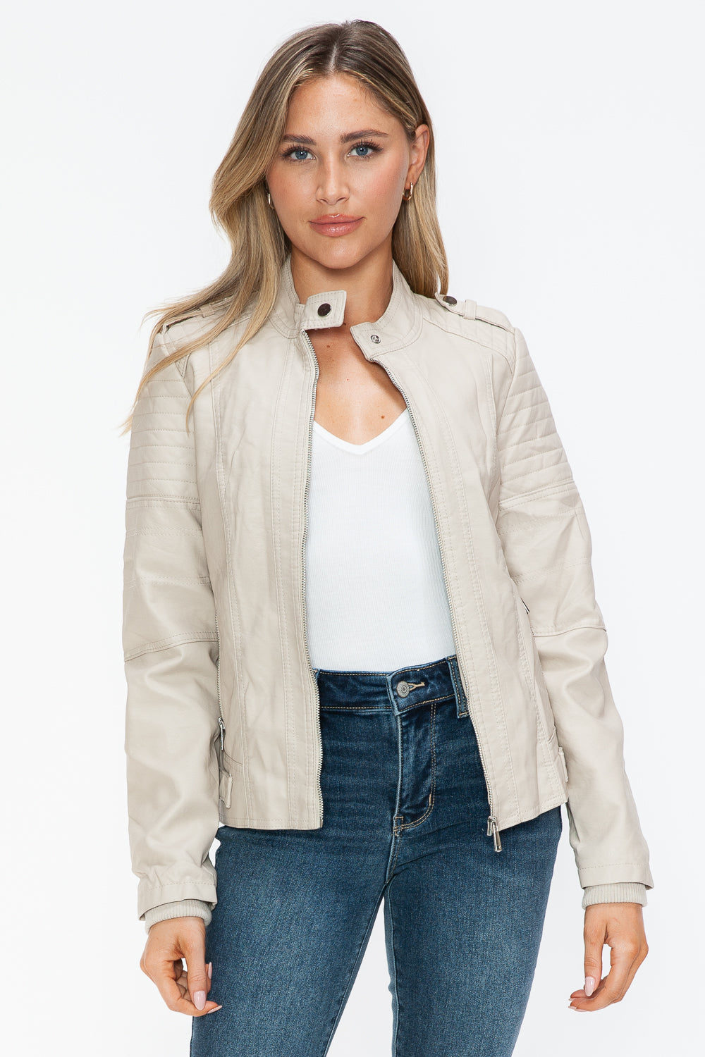 Snobbish PU Leather Biker Jacket with Side Zip Pockets Snobbish PU Leather Biker Jacket with Side Zip Pockets - TopFashionHQ