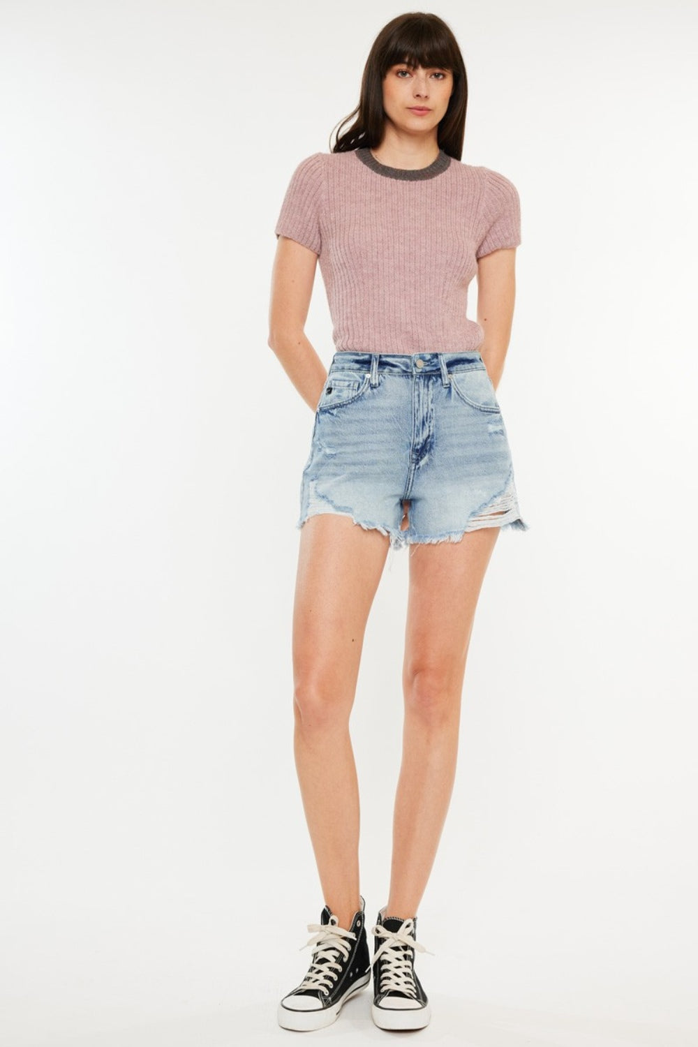 Kancan Distressed High Waist Denim Shorts with Pockets Kancan Distressed High Waist Denim Shorts with Pockets - TopFashionHQ