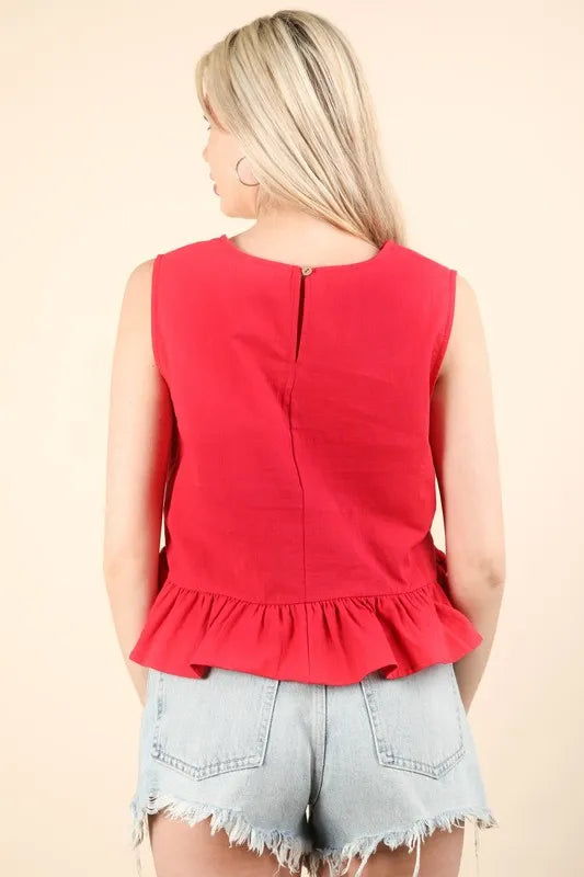 VERY J Side Tie Detail Ruffled Sleeveless Top 6ac8102b0541484e9ae832d7e0855562-Max-Origin