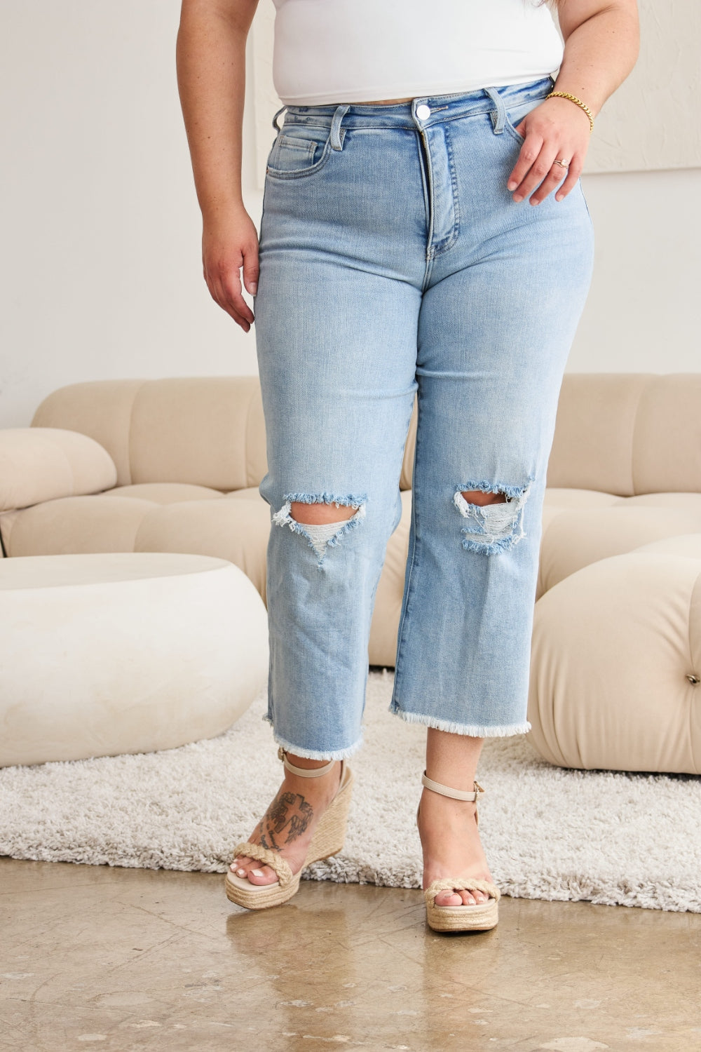 RFM Full Size Tummy Control High Waist Raw Hem Distressed Jeans RFM Full Size Tummy Control High Waist Raw Hem Distressed Jeans - TopFashionHQ