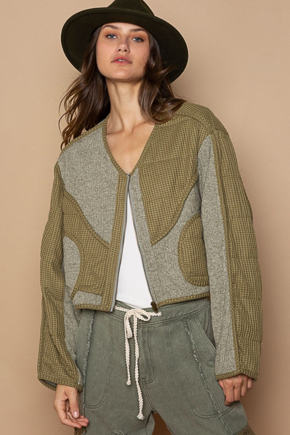 POL Quilted Knit Viding Detail Knit Patch Jacket POL Quilted Knit Viding Detail Knit Patch Jacket