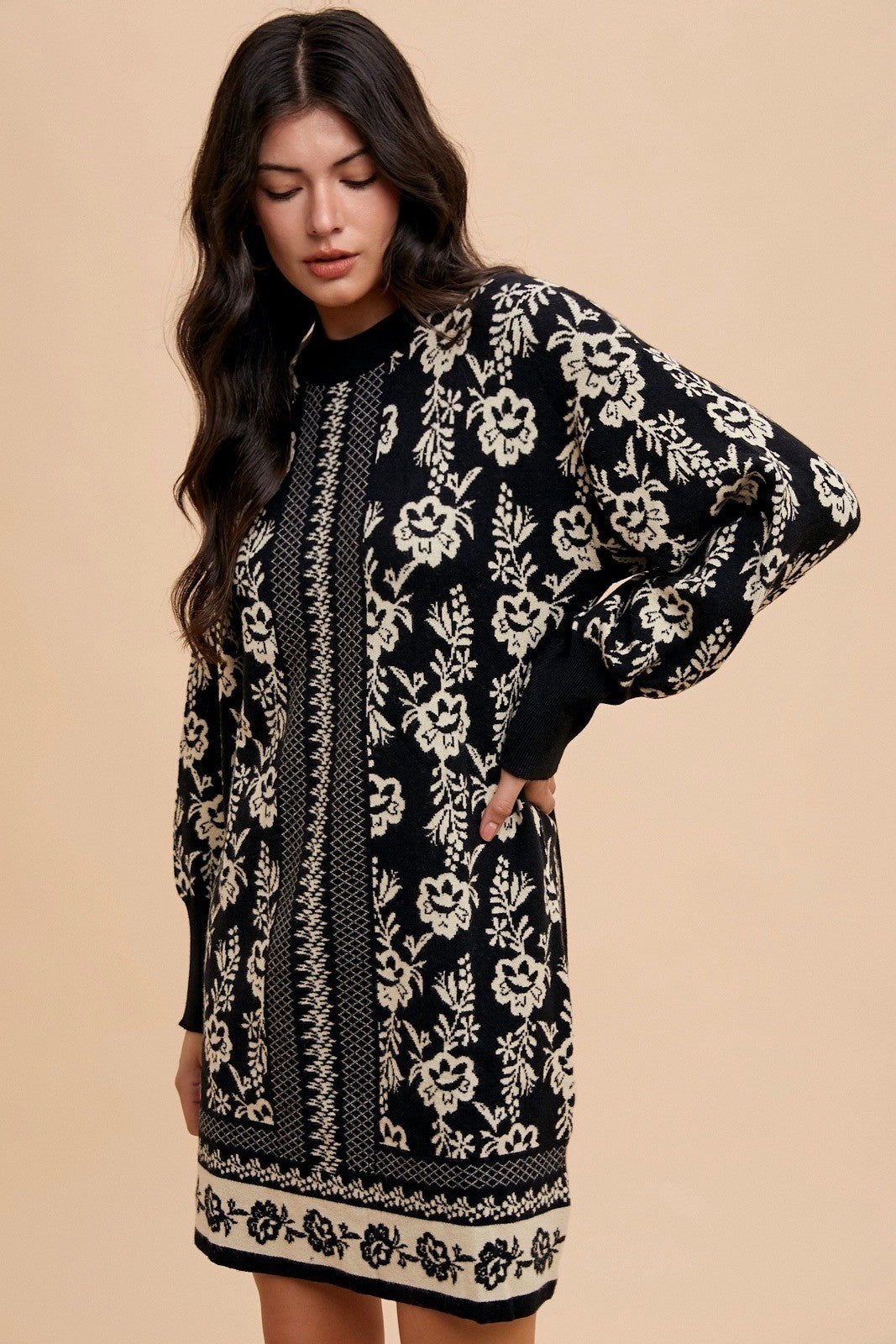 Annie Wear Floral Jacquard Round Neck Sweater Dress Annie Wear Floral Jacquard Round Neck Sweater Dress
