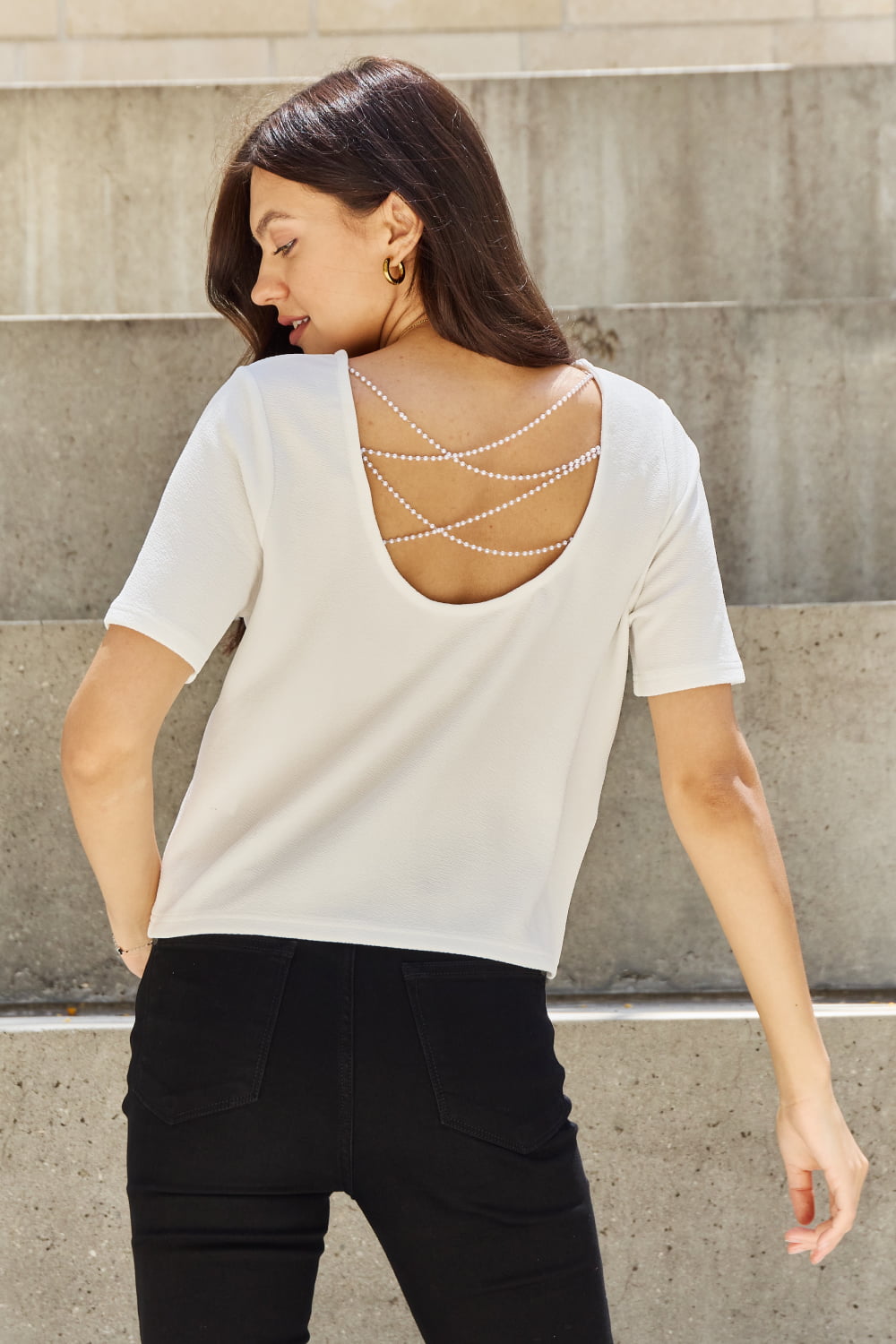 And The Why Pearly White Full Size Criss Cross Pearl Detail Open Back T-Shirt And The Why Pearly White Full Size Criss Cross Pearl Detail Open Back T-Shirt - TopFashionHQ