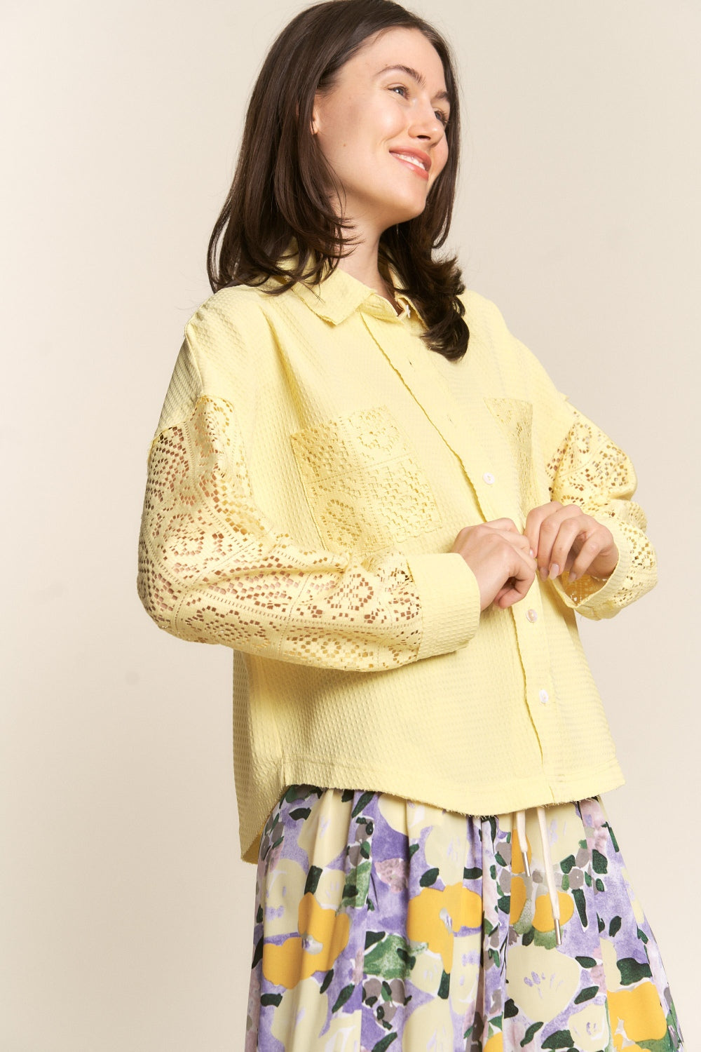 J.NNA Button Down Lace Long Sleeve Waffle Shirt J.NNA Button Down Lace Long Sleeve Waffle Shirt - TopFashionHQ