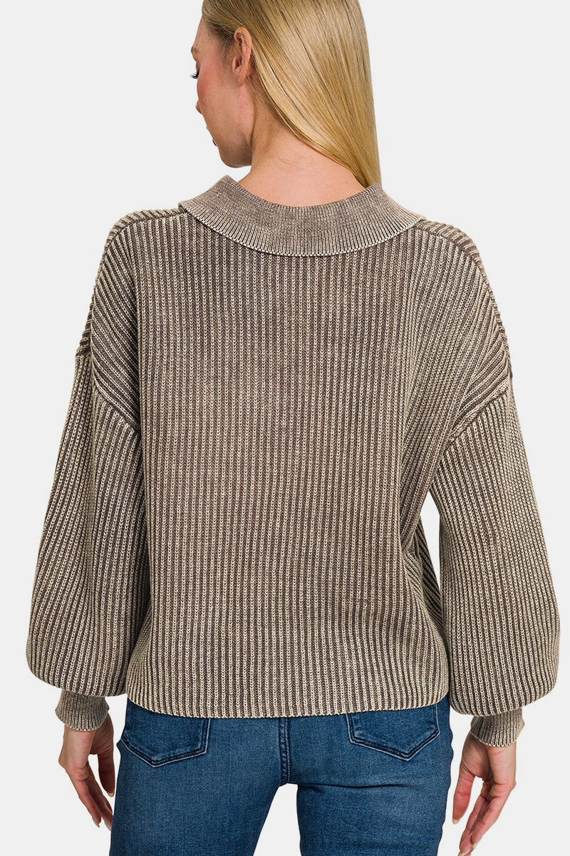 Zenana Washed Half Button Long Sleeve Sweater Zenana Washed Half Button Long Sleeve Sweater - TopFashionHQ