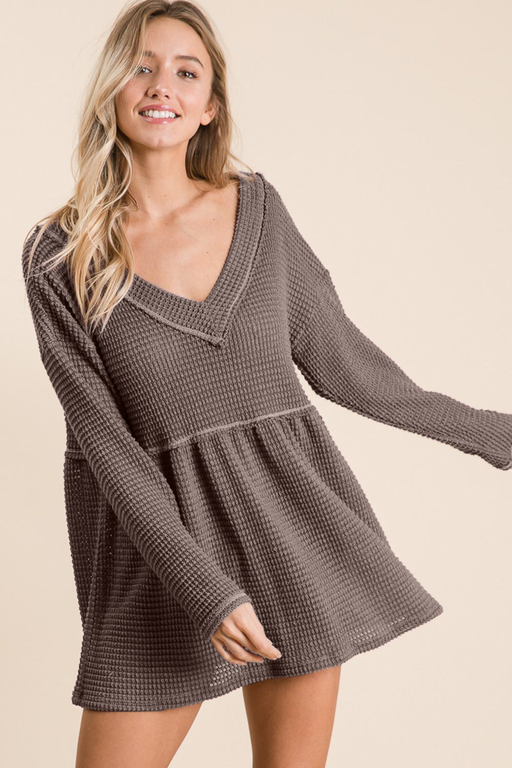 BiBi Waffle Knit V-Neck Babydoll Blouse BiBi Waffle Knit V-Neck Babydoll Blouse - TopFashionHQ