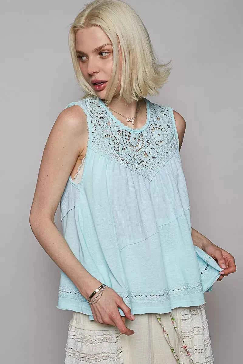 POL Round Neck Sleeveless Top with Crochet Contrast POL Round Neck Sleeveless Top with Crochet Contrast