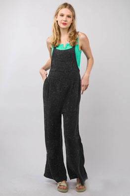 VERY J Texture Washed Wide Leg Overalls - TopFashionHQ