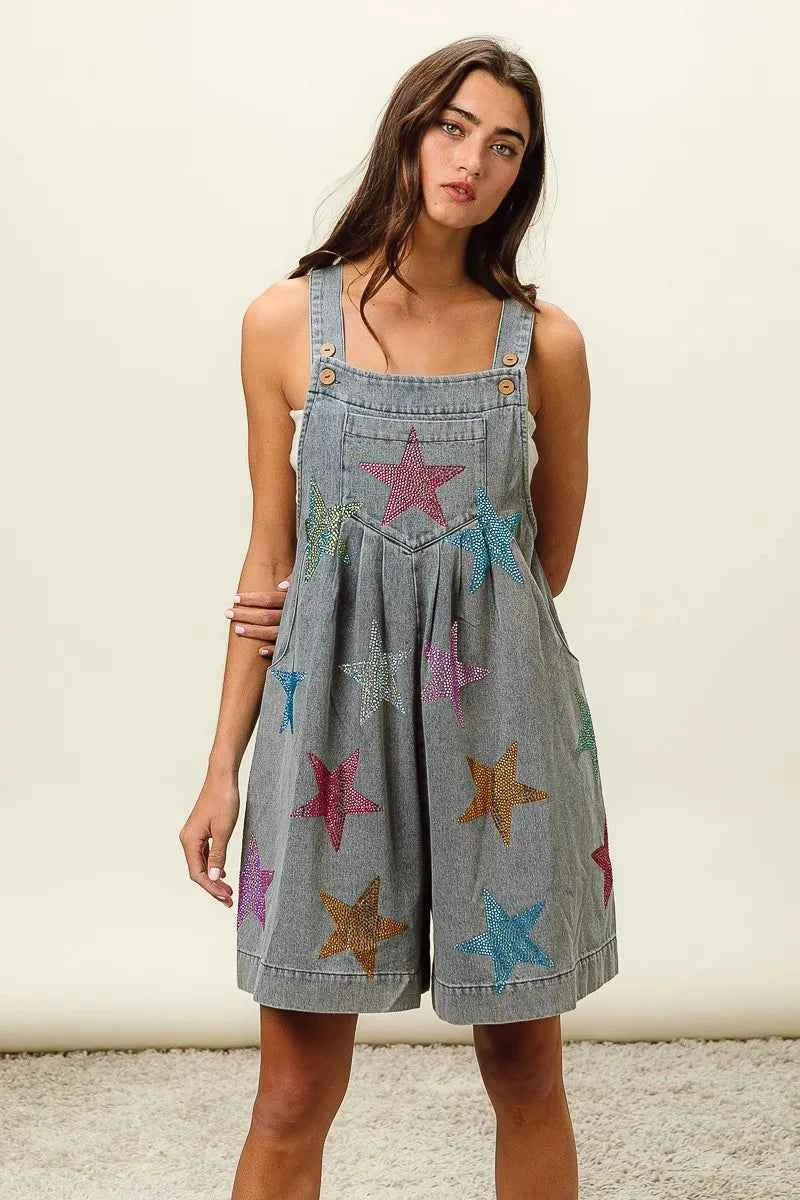 BiBi Star Rhinestone Washed Wide Leg Shortalls BiBi Star Rhinestone Washed Wide Leg Shortalls