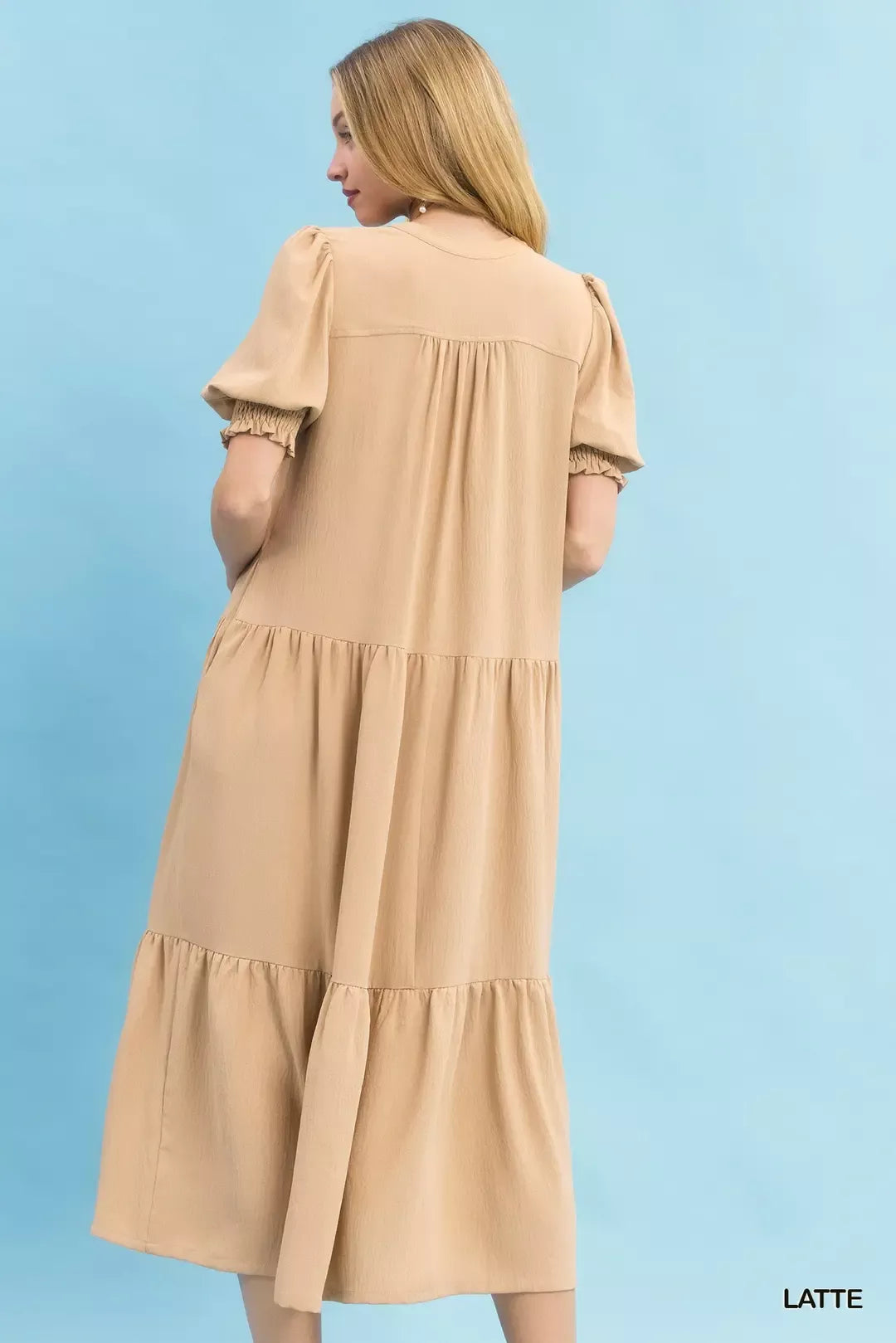 Umgee V-Neck Puff Sleeve Tiered Midi Dress 6bacb0db-19a3-4229-a0eb-a74fc6385764-Max-Origin