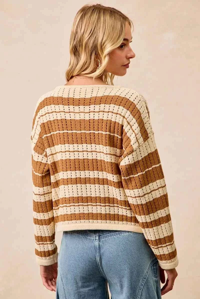 BiBi Striped Open Knit Sweater Top with Front Braided Detail BiBi Striped Open Knit Sweater Top with Front Braided Detail
