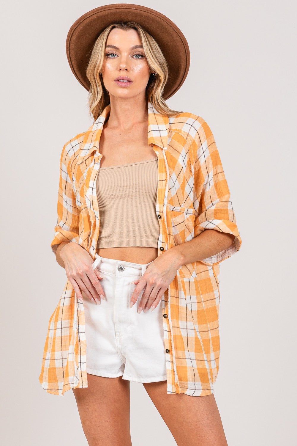 SAGE + FIG Plaid Button Up Side Slit Shirt SAGE + FIG Plaid Button Up Side Slit Shirt - TopFashionHQ