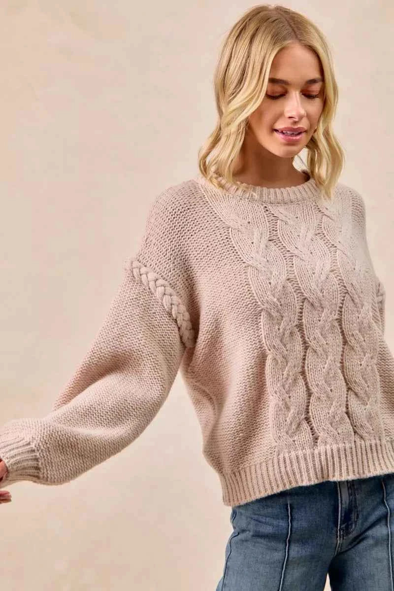 BiBi Cable Knit Sweater with Shoulder Braid Detail BiBi Cable Knit Sweater with Shoulder Braid Detail