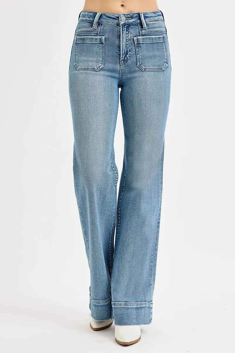 RISEN Full Size High Rise Wide Flare Patch Pocket Jeans Plus Size RISEN Full Size High Rise Wide Flare Patch Pocket Jeans Plus Size