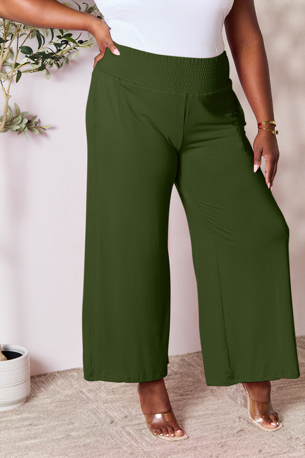 Double Take Full Size Smocked Wide Waistband Wide Leg Pants Double Take Full Size Smocked Wide Waistband Wide Leg Pants - TopFashionHQ