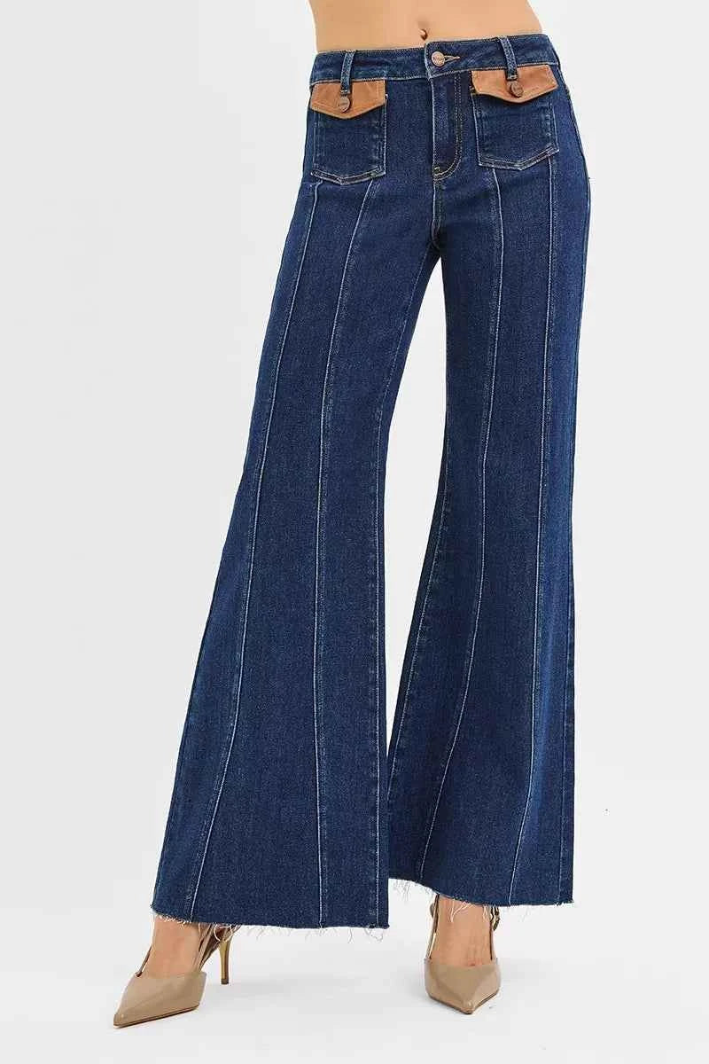 RISEN High Rise Wide Flare Jeans with Front Leather Pocket Detail RISEN High Rise Wide Flare Jeans with Front Leather Pocket Detail