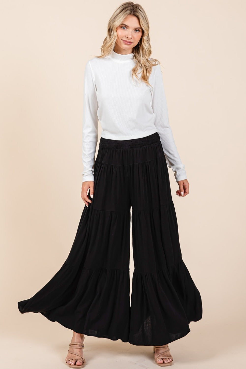 Mittoshop Tier Detail Smocked Elastic Waist Wide Leg Pants Mittoshop Tier Detail Smocked Elastic Waist Wide Leg Pants
